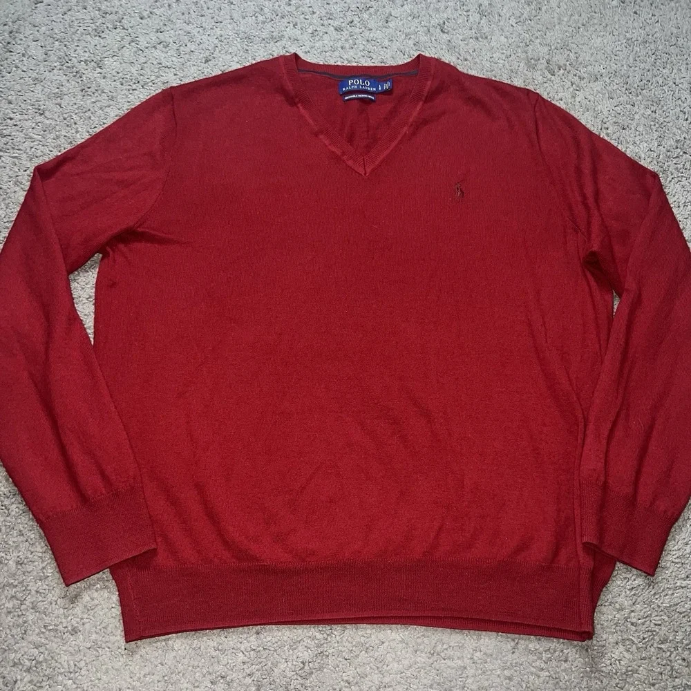 Polo Ralph Lauren Sweater Mens L Custom Fit Red V Neck Merino Wool Pullover‎
